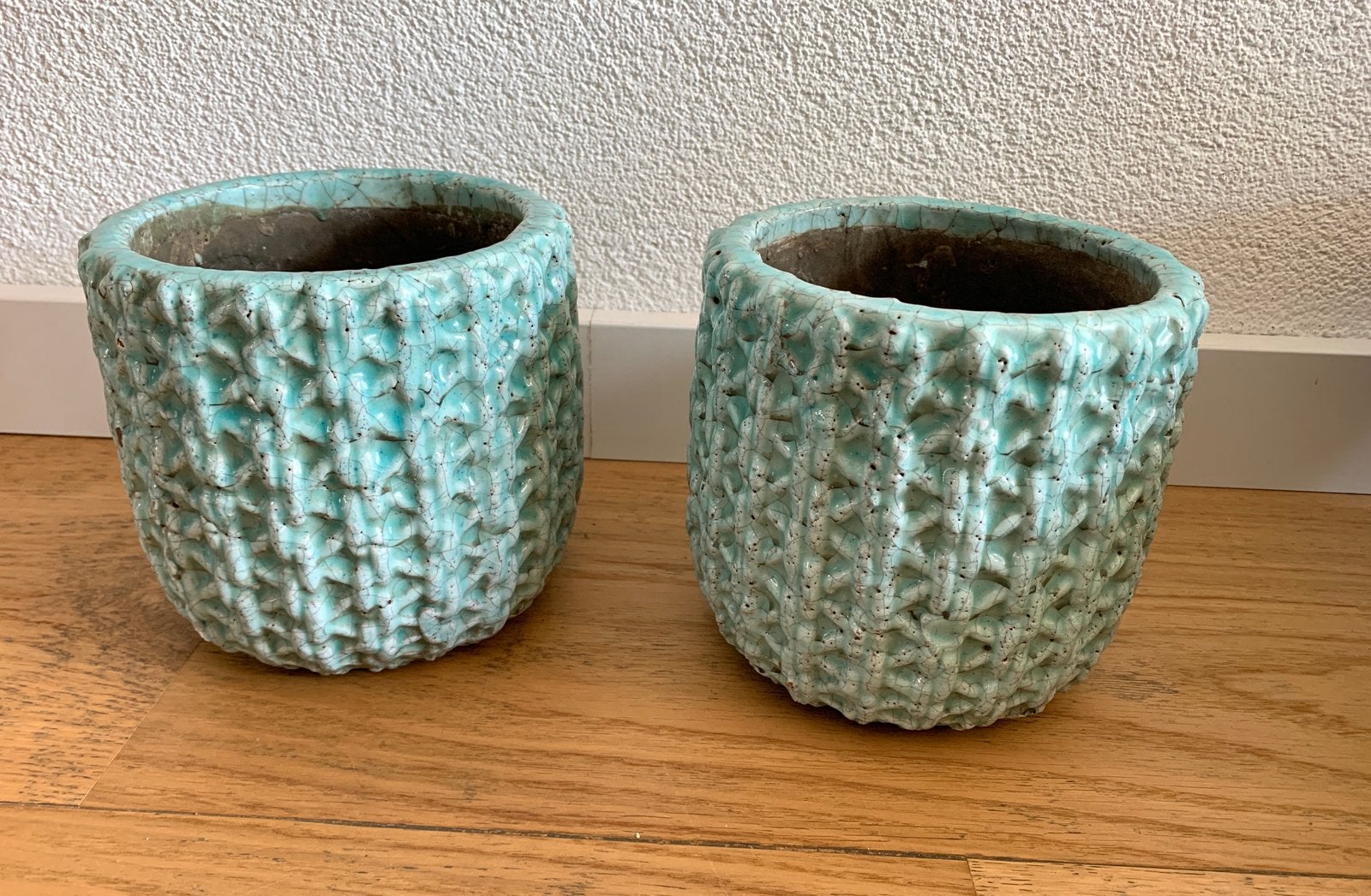 PTMD turquoise bloempotten met craquelé effect en reliëf, Rond, Binnen, Ophalen of Verzenden, Zo goed als nieuw