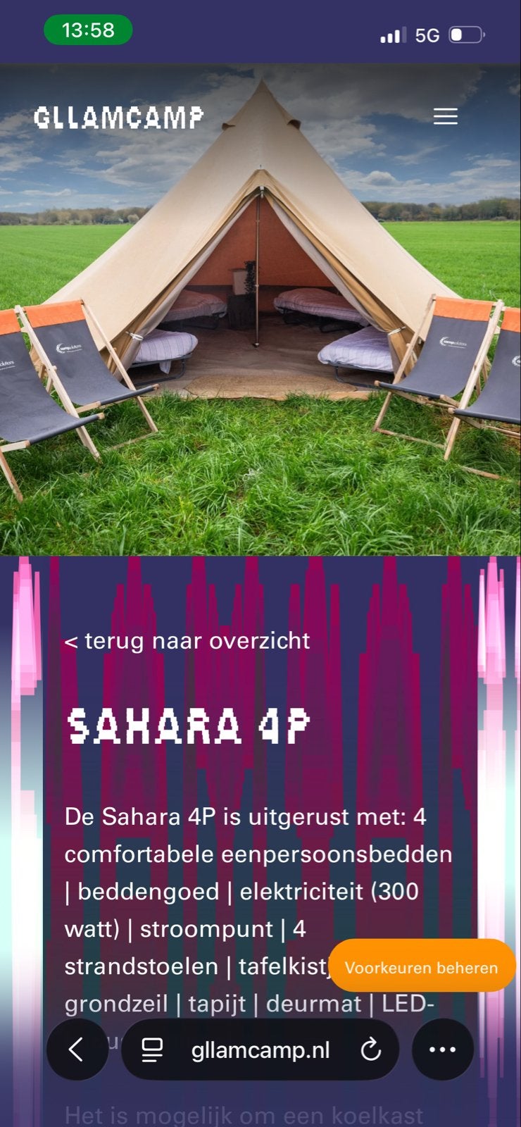 Glamping tent Sahara 4P met koelkast en 2 parkeertickets!