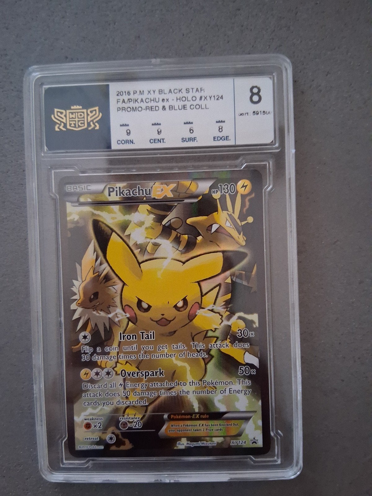 Pikachu EX XY124 Promo Red & Blue Collection WDTC 8, Ophalen of Verzenden, Zo goed als nieuw, Losse kaart, Foil