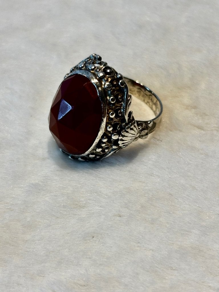 Vintage Zilveren Ring met Grote Gefacetteerde Carneool, Ophalen of Verzenden, Met edelsteen, Dame, Zilver