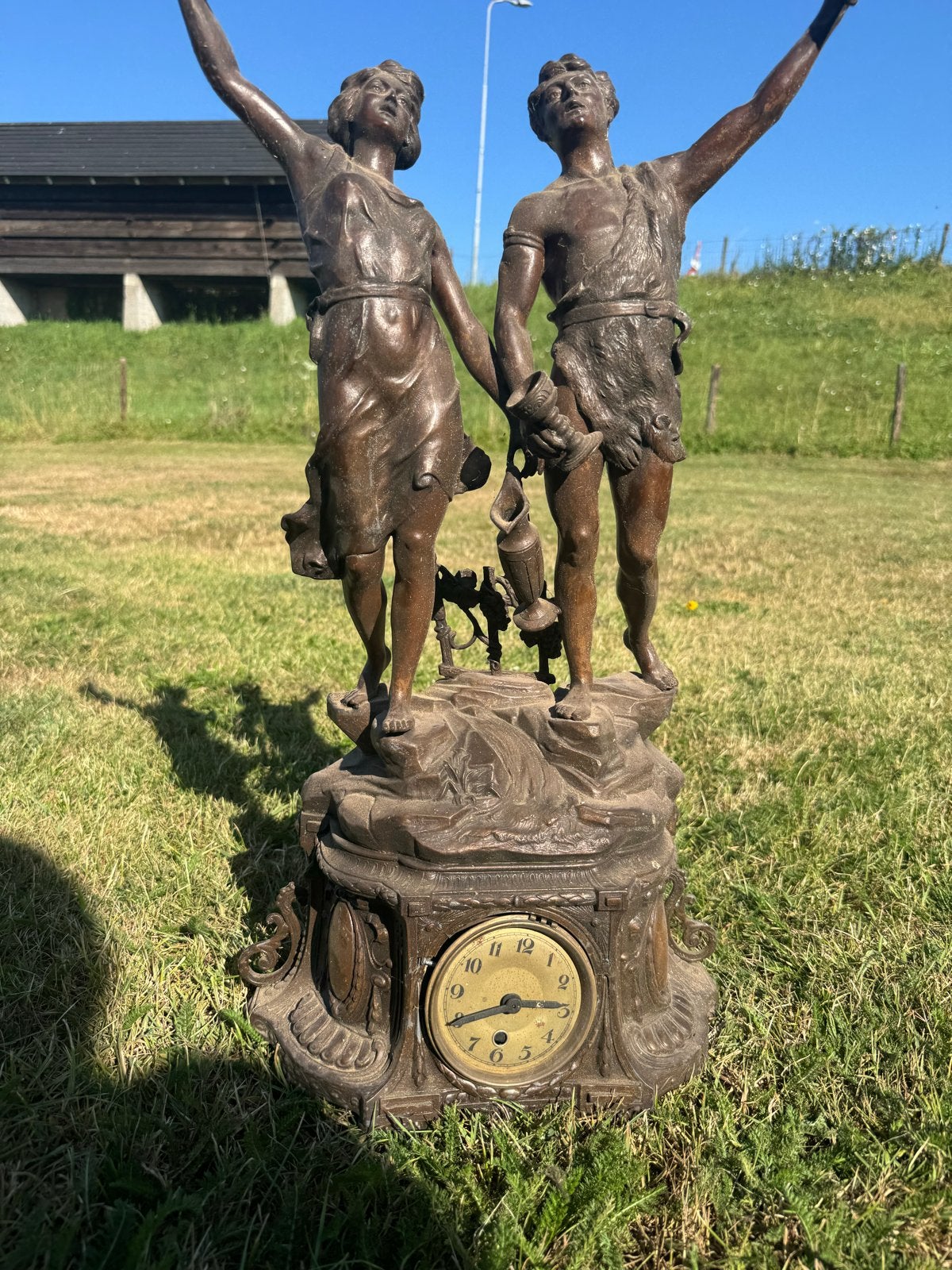 Art Nouveau Bronzen Schouwklok met Beelden - ca. 70cm, Antiek en Kunst, Ophalen of Verzenden