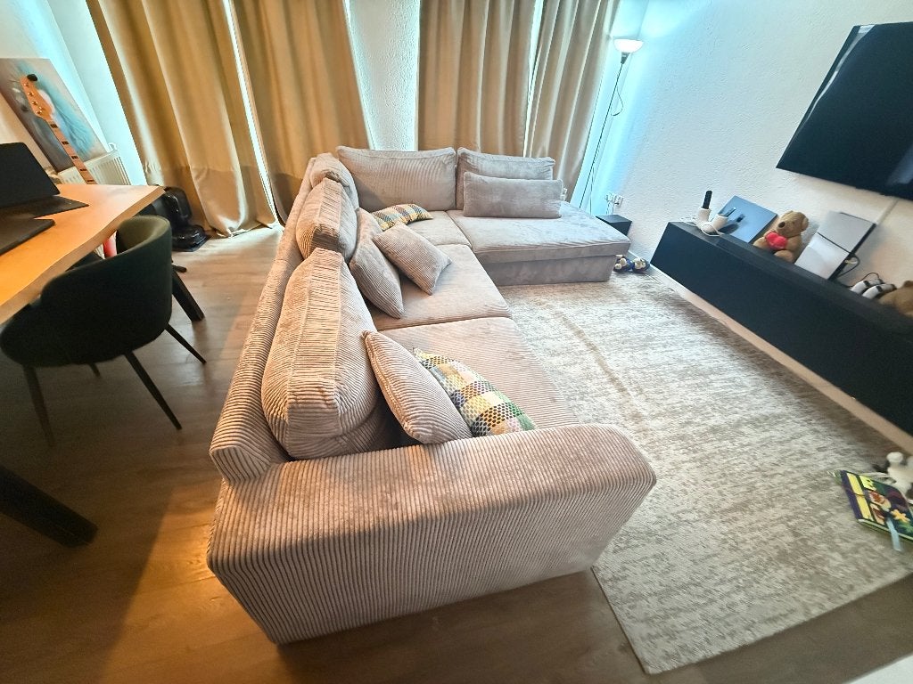L-Shaped Corner Sofa – Light Grey Ribbed Fabric, 250 tot 300 cm, Gebruikt, Ophalen of Verzenden, Vierpersoons of meer