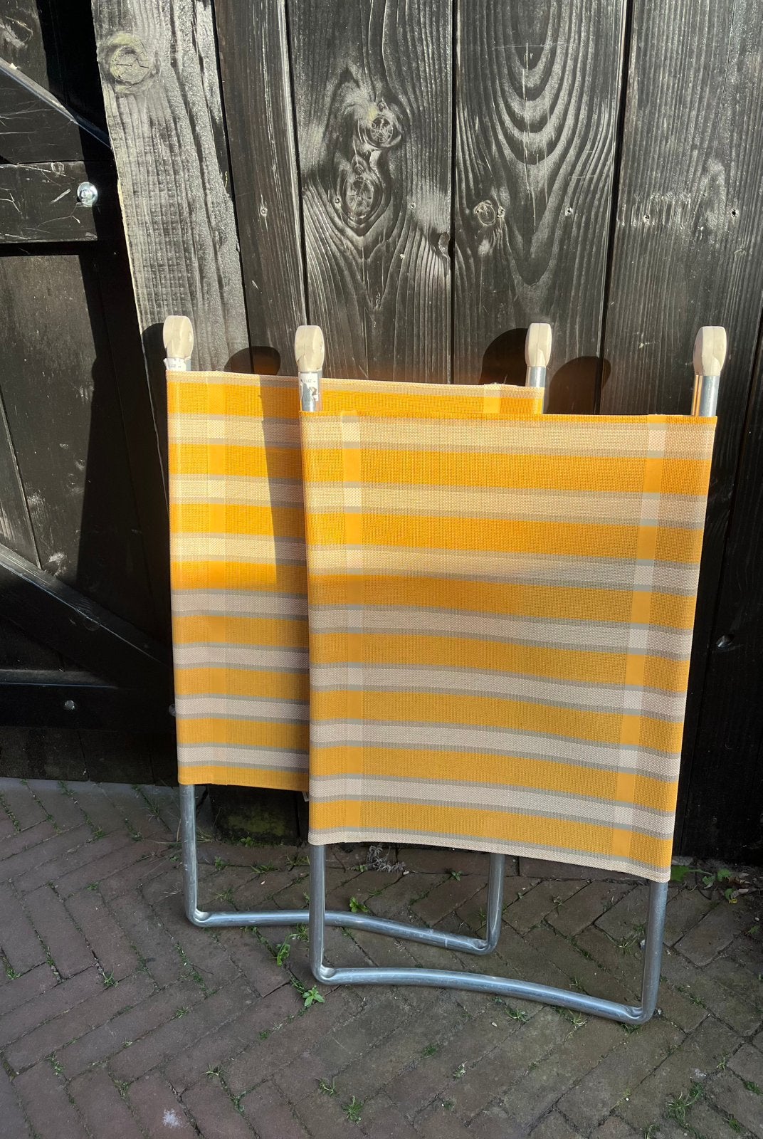 Twee Crespo voetensteunen kleur geel, Verzenden, Gebruikt, Campingstoel