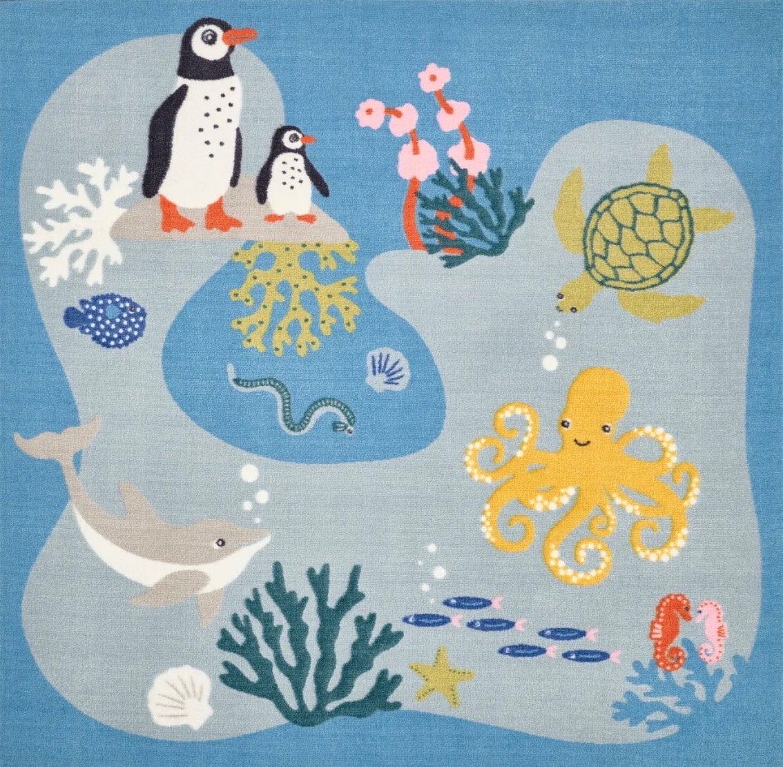 IKEA BLÅVINGAD vloerkleed 133x133 zeedierenpatroon, Ophalen, 100 tot 150 cm, Blauw, Vierkant