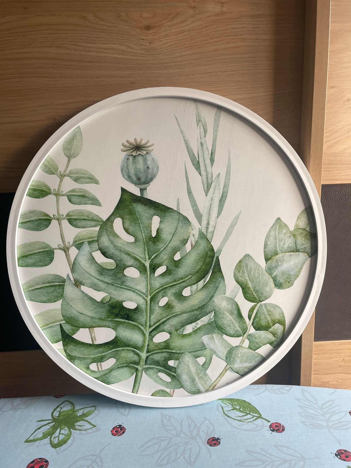 Ronde wanddecoratie met botanische print, Ophalen, Groen, Hout, Zo goed als nieuw