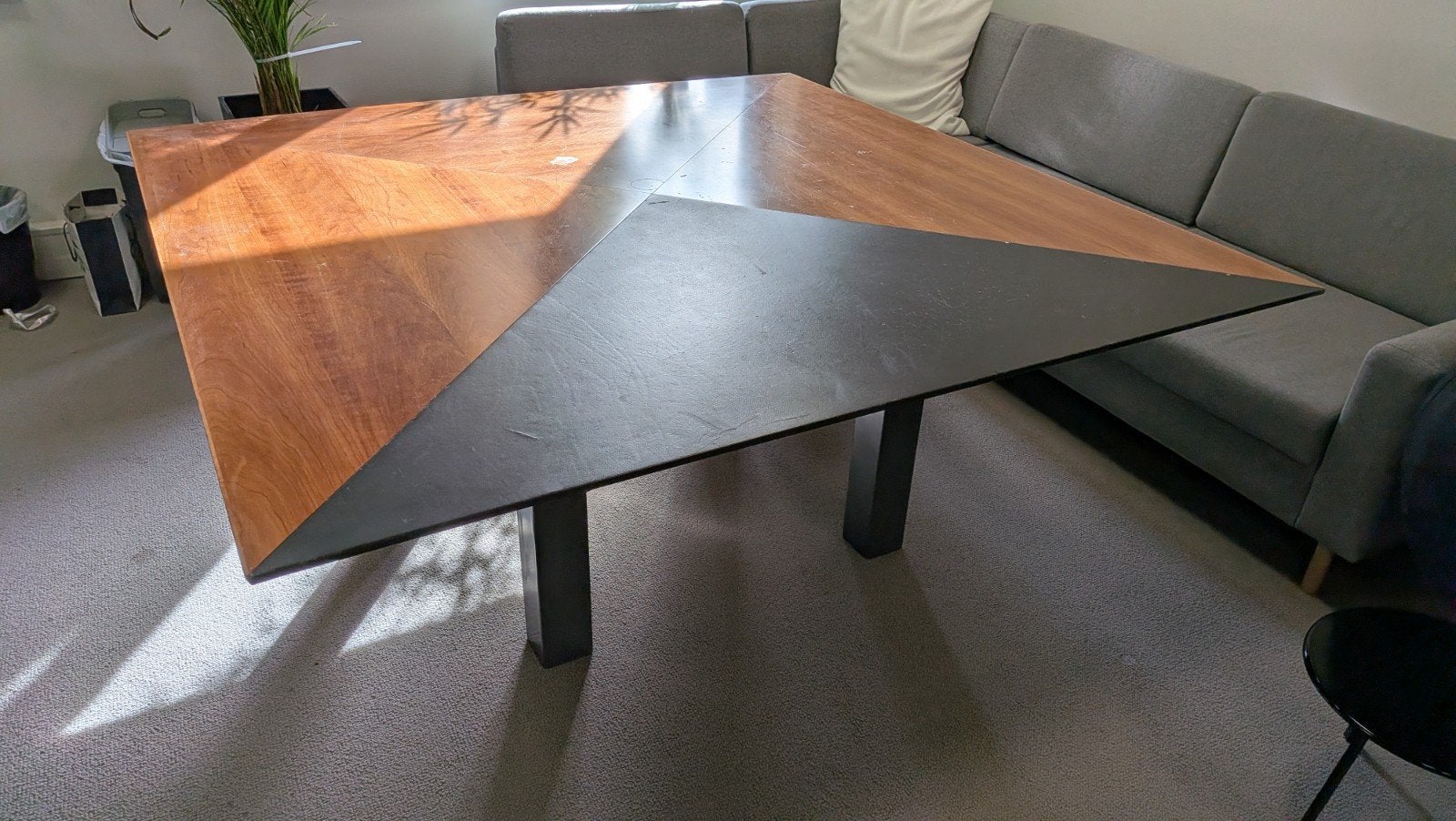 Unieke houten vergadertafel 175x175x73, Ophalen, Gebruikt, 150 tot 200 cm, Vierkant
