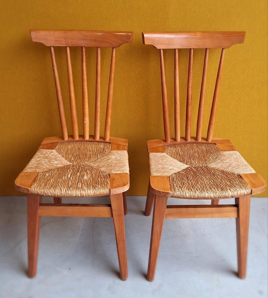 Vintage stoelen, Arts and Crafts style, biezen zitting, Huis en Inrichting, Gebruikt, Twee, Bruin, Vintage