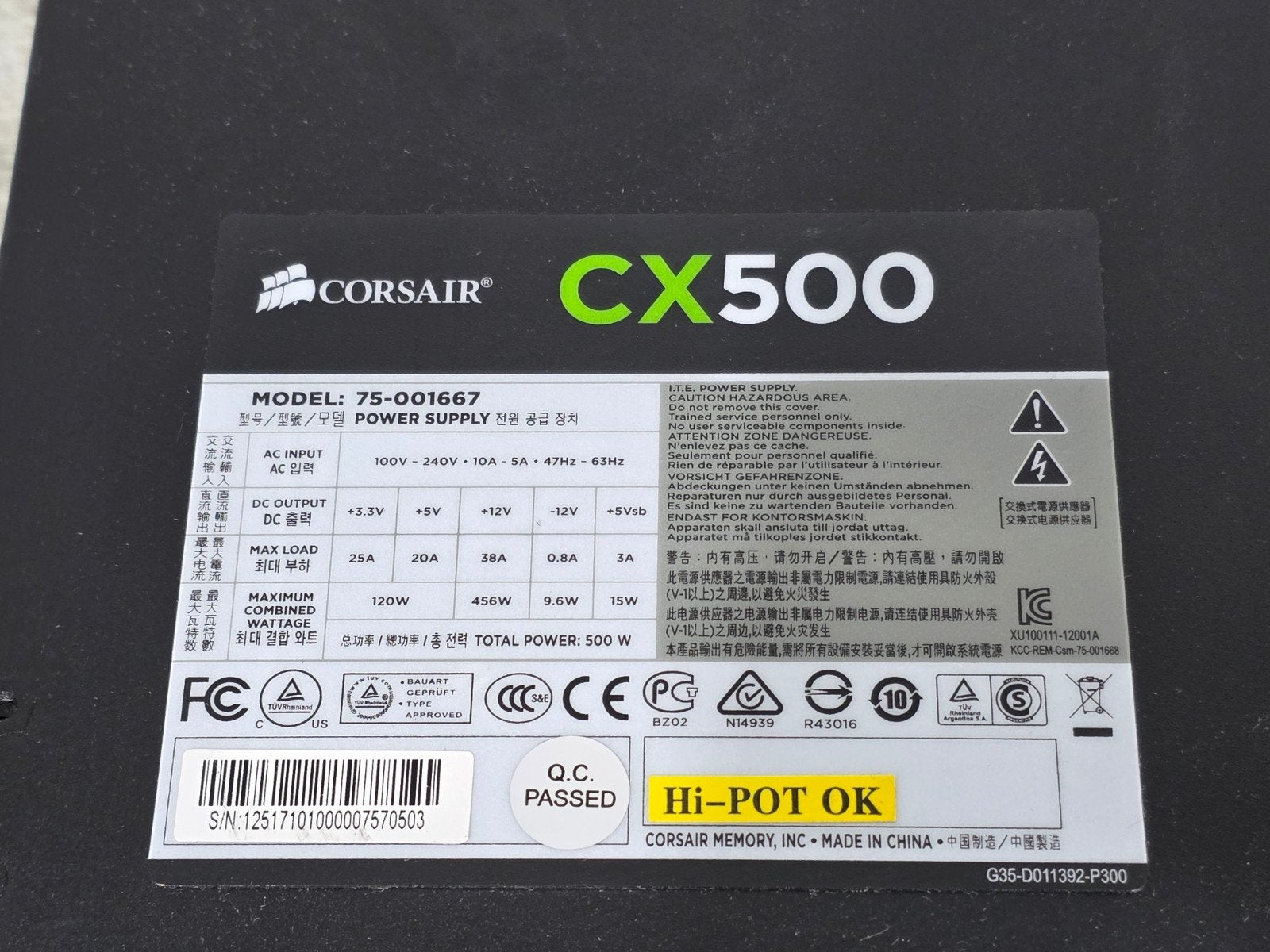 Corsair 500w max voeding psu power supply cx500, Computers en Software, Ophalen of Verzenden, Gebruikt