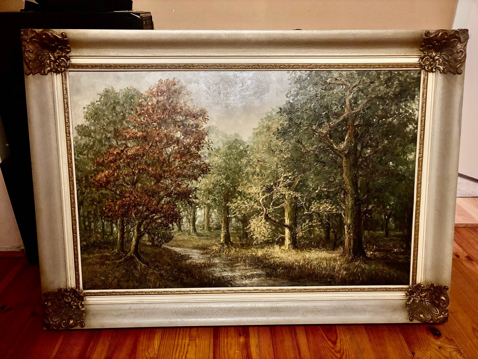 Schilderij Olieverf Landschap met Bospad en Bomen, Antiek en Kunst, Doek, Realistisch, Ophalen of Verzenden, Gesigneerd