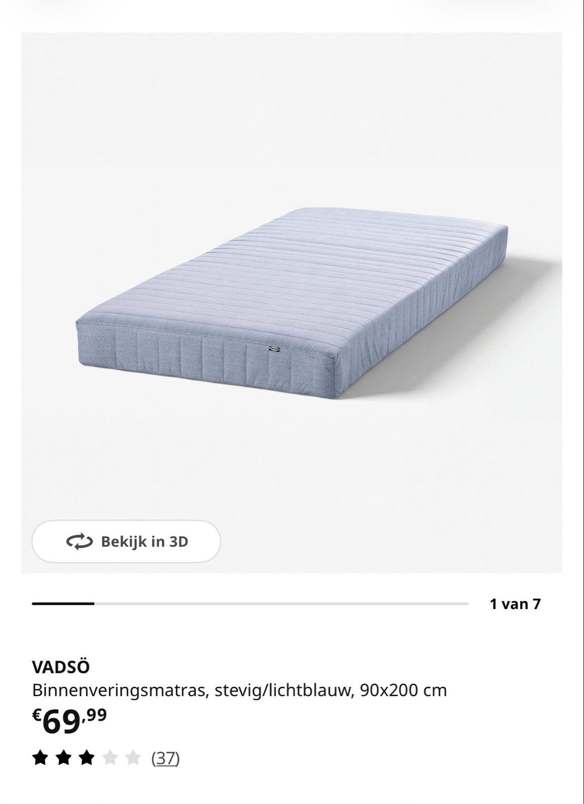 IKEA VADSÖ Binnenveringsmatras, stevig, 90x200 cm, Ophalen, 90 cm, Eenpersoons, Nieuw