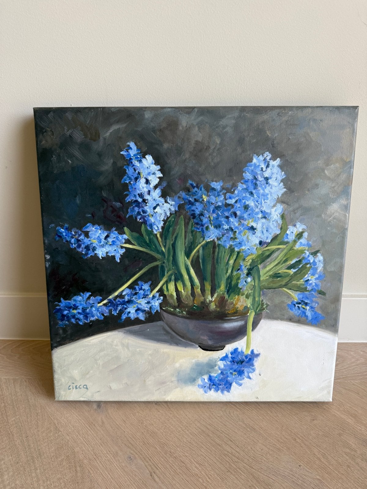 Olieverf Schilderij Hyacinten in 3D Lijst, Antiek en Kunst, Bloemen, Doek, Realistisch, Bijzondere lijst