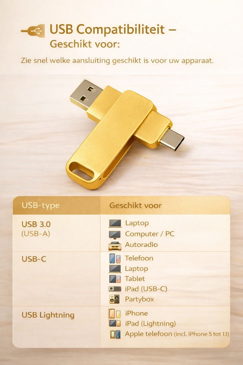 128 GB goud  3-in-1 Universele USB Stick, Ophalen of Verzenden, Nieuw, 128 GB