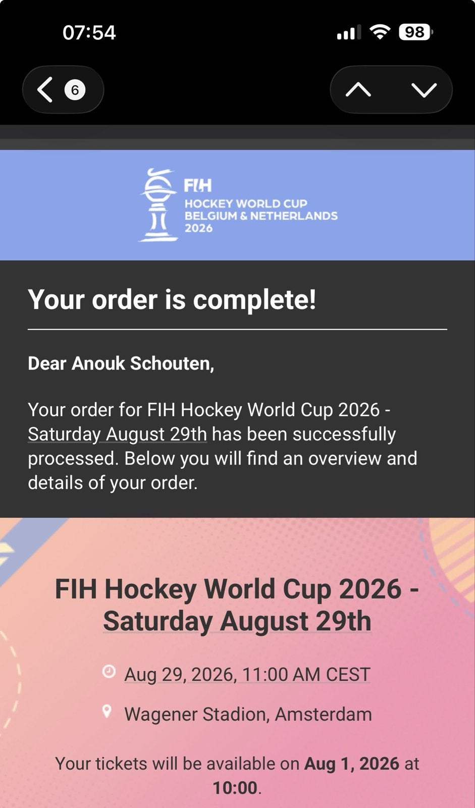 Tickets voor de finale dames fih hockey 29 aug in één koop, Tickets en Kaartjes, Twee personen, Augustus