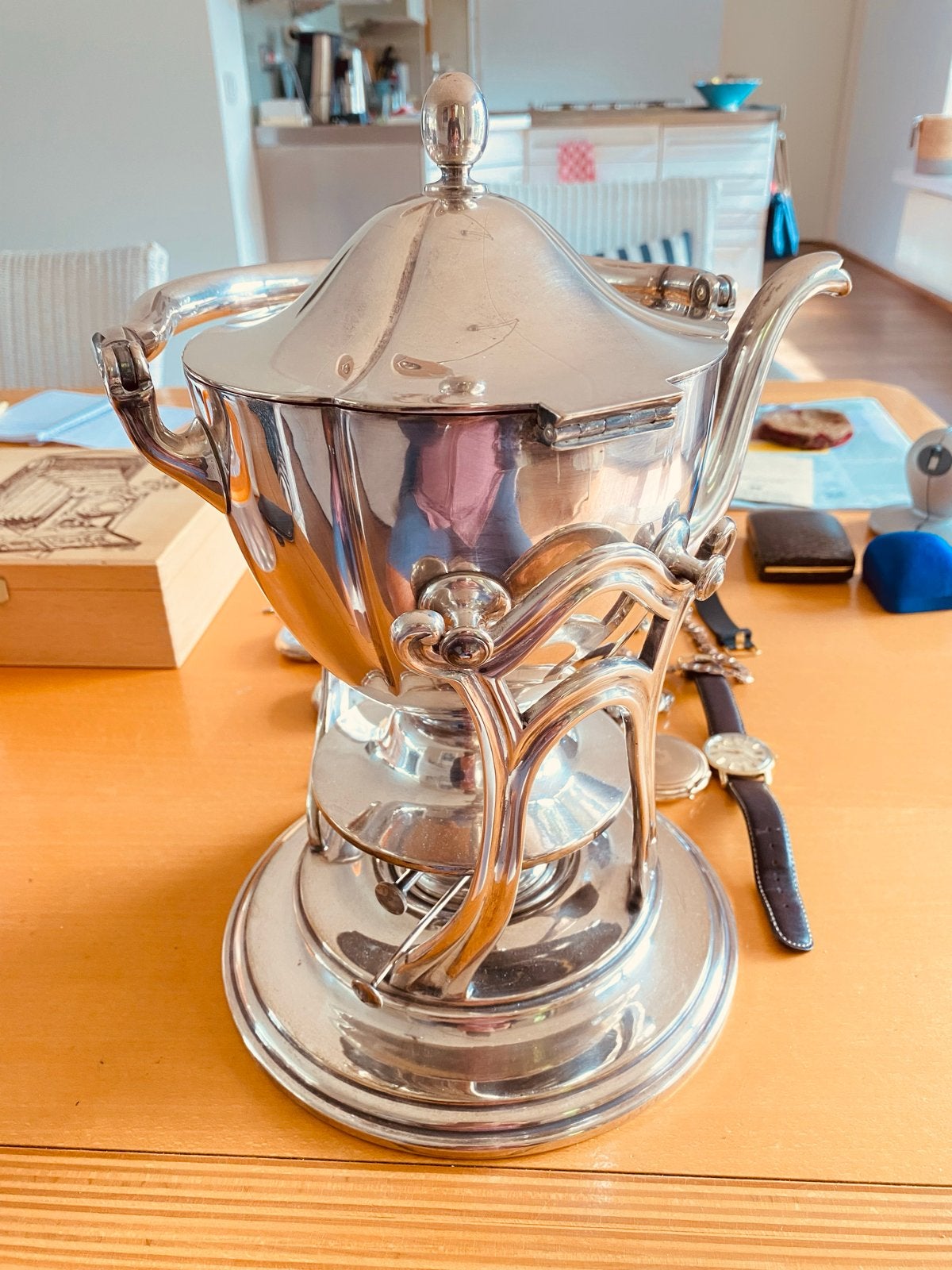 Antieke verzilverde theepot met brander, MD 66 BOERMAN, Ophalen of Verzenden, Zilver