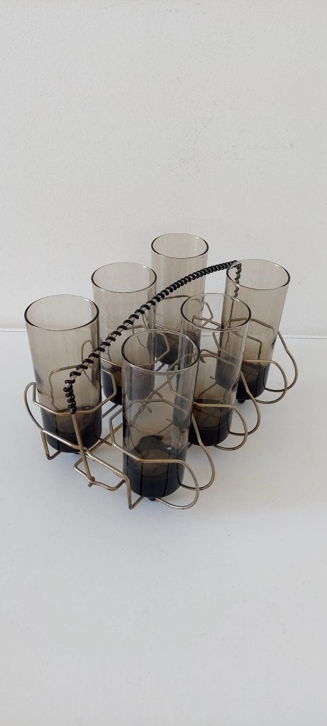 Vintage Barcart Set • Messing Houder met 6 Rookglazen glazen, Antiek en Kunst, Ophalen of Verzenden