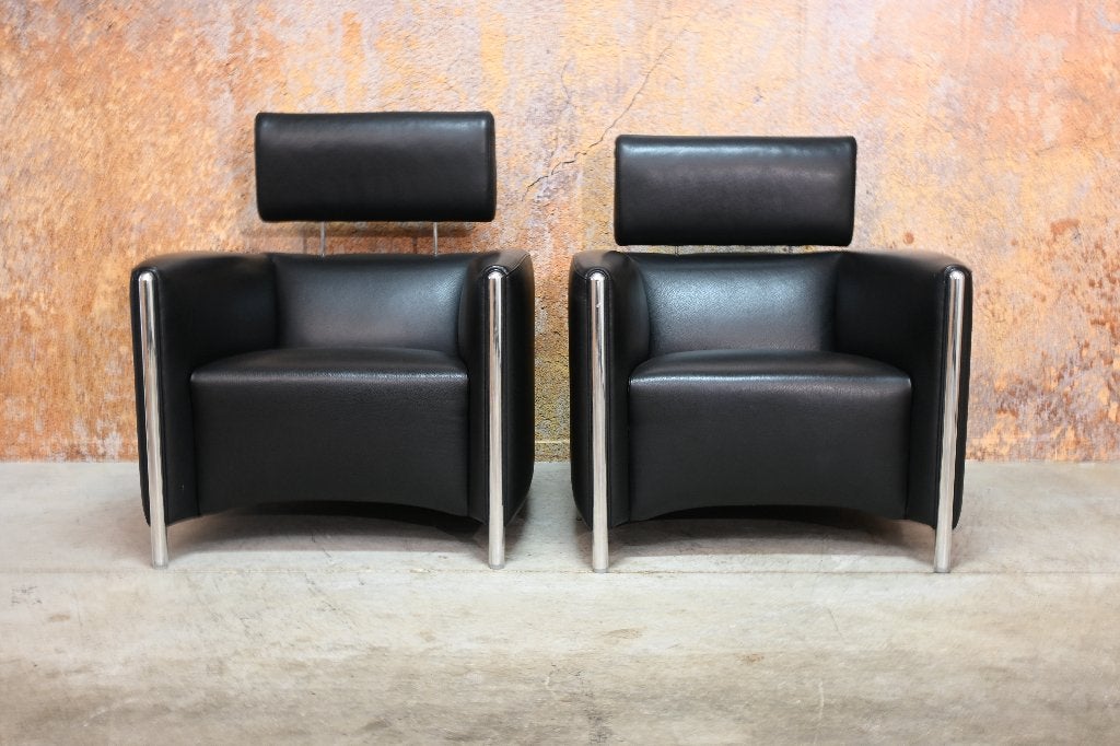 Als NIEUW! 2 zwarte leren Leolux Goncharov design fauteuils, Leolux, Leolux, 75 tot 100 cm, Ophalen of Verzenden