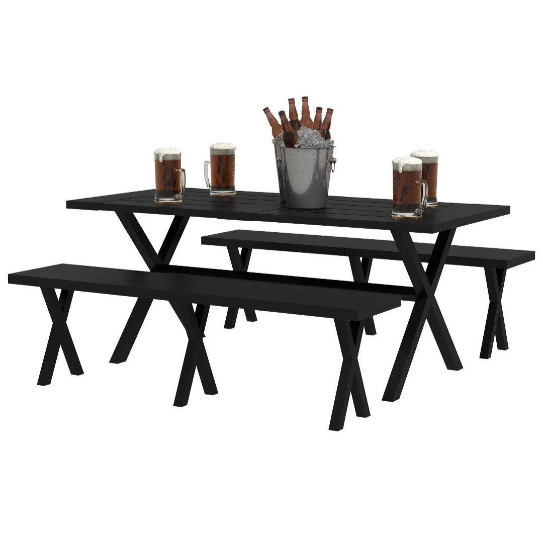 Nieuwe Rechthoekige Picknicktafel met Banken - Zwart, Tuin en Terras, Ophalen of Verzenden, Nieuw, Rechthoekig, Overige materialen
