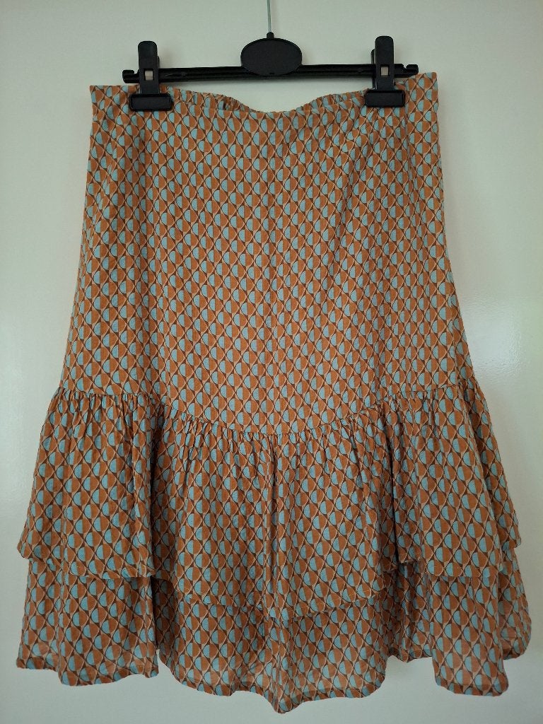 Strokenrok maat 38 oranjebruin/lichtblauw - Peppercorn, Maat 38/40 (M), Bruin, Ophalen of Verzenden, Knielengte