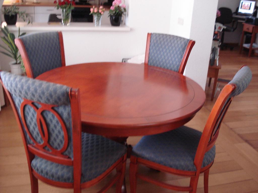 kersenhouten ronde tafel met 4 gestoffeerde stoelen, Ophalen, Gebruikt, Rond, Kersenhout