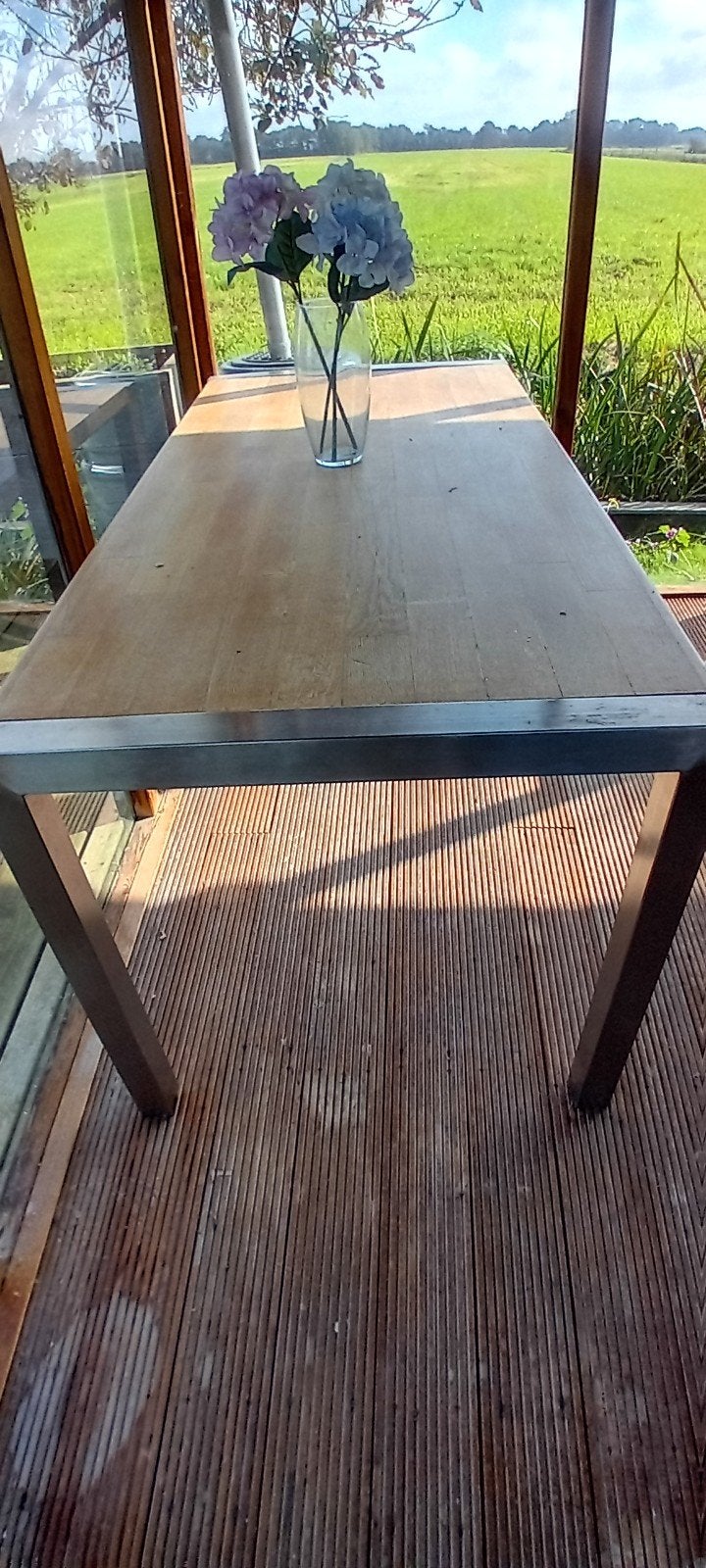 buiten tafel rvs eiken, Tuin en Terras, Ophalen, Zo goed als nieuw, Rechthoekig, Rvs