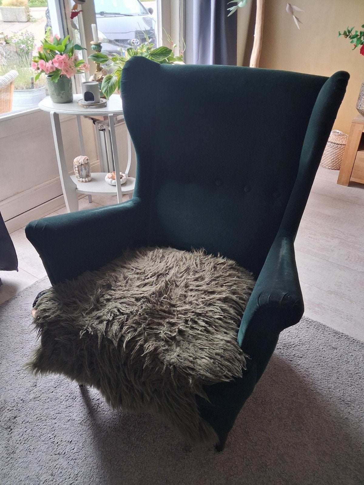 Donkergroene oorfauteuil met fluwelen bekleding, Gebruikt, 75 tot 100 cm, Ophalen of Verzenden, Klassiek, Modern, Comfortabel