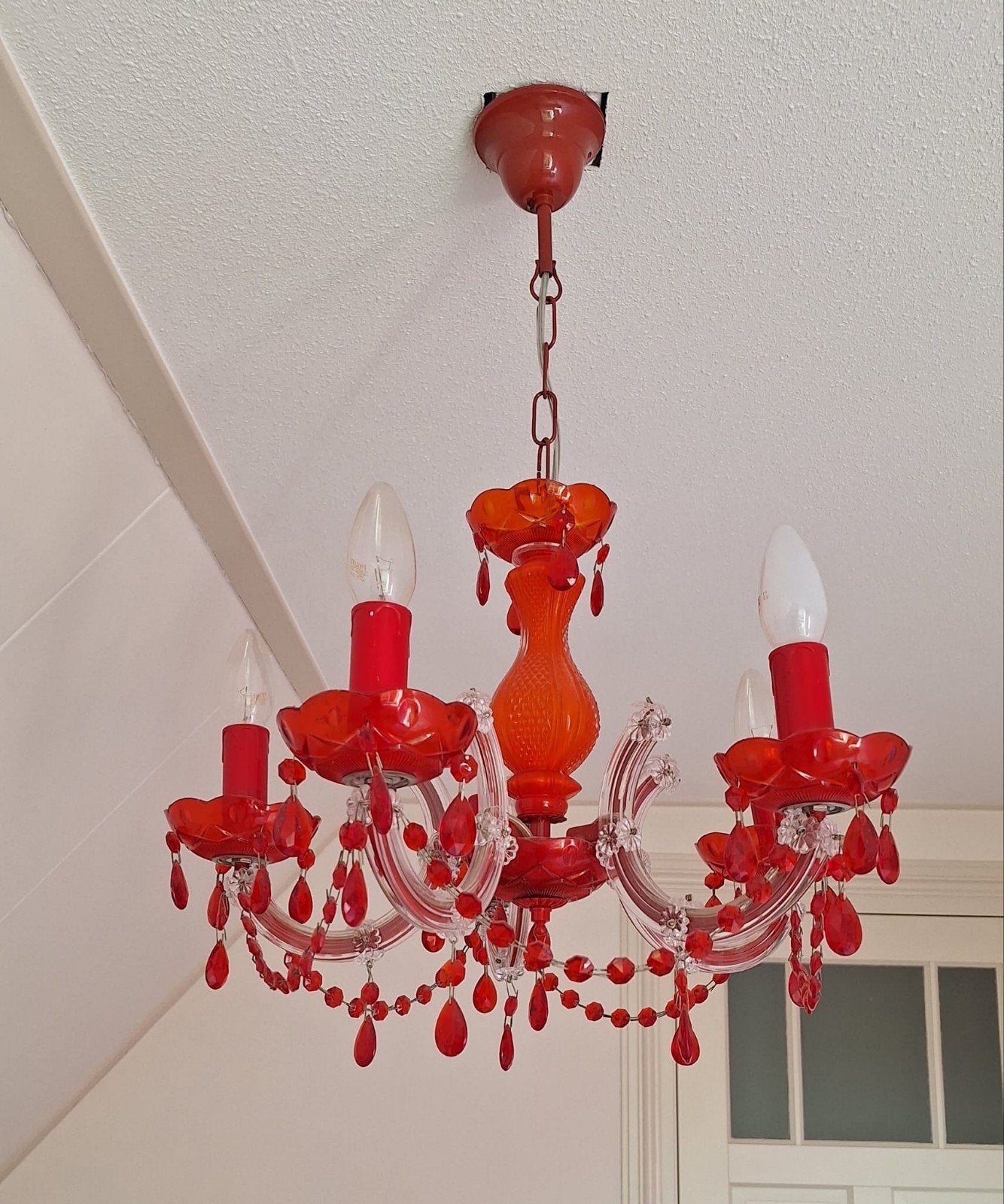 Prachtige rode kroonluchter in Marie Theresa stijl., Ophalen, Gebruikt, E14 (klein), Glas