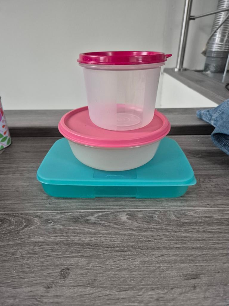 Tupperware set: 3 bewaarbakjes met deksels, Ophalen of Verzenden, Gebruikt, Blauw, Overige typen
