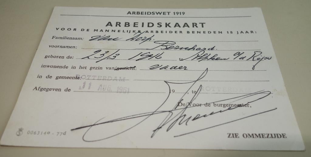 Arbeidskaart uit 1961 van Bernard van Dorp, Verzamelen, Ophalen of Verzenden, Gebruikt