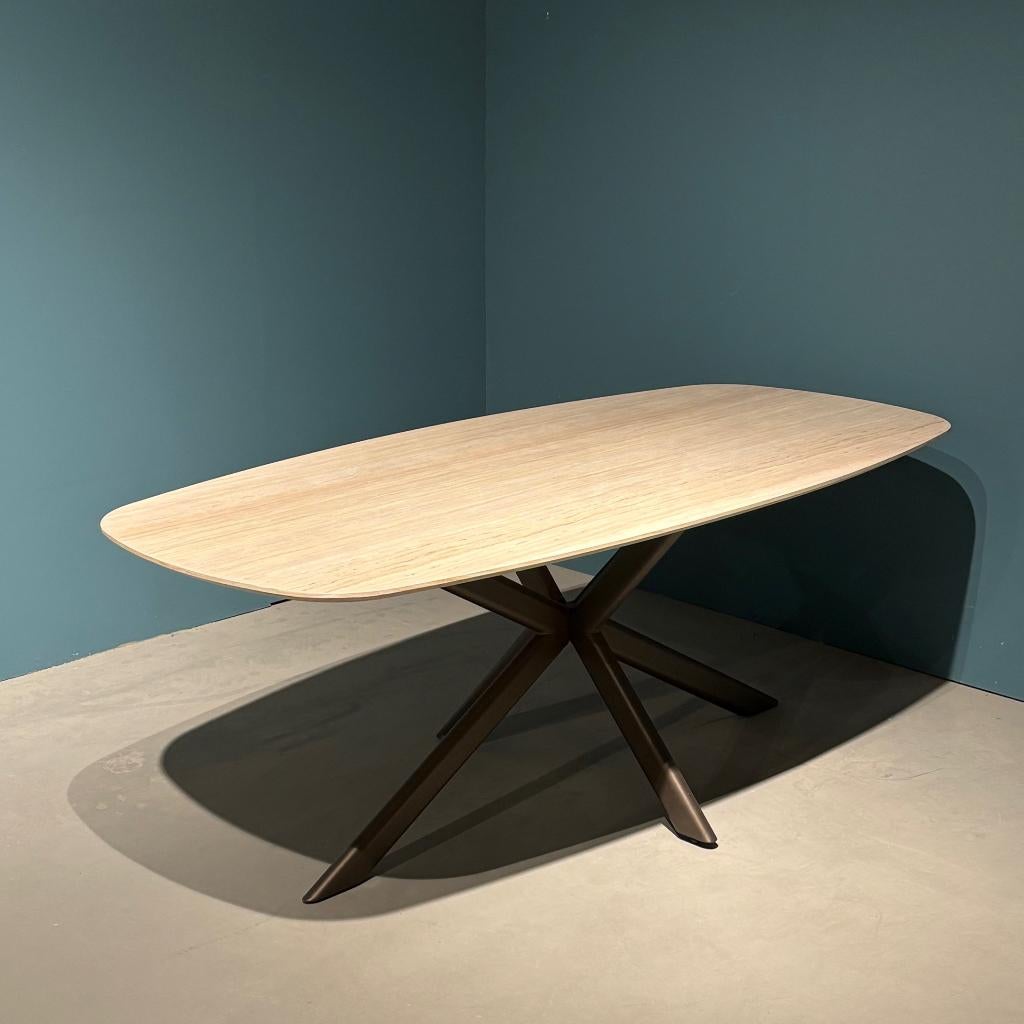 Eetkamertafel deens ovaal travertin look (HPL) 180x95cm, Huis en Inrichting, Ophalen, Japandi, 50 tot 100 cm, Zo goed als nieuw