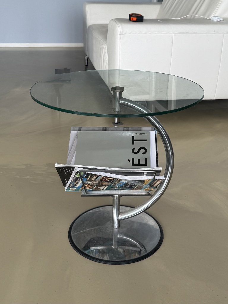 Ronde glazen bijzettafel met Chrome detail en boekensteun, Minder dan 55 cm, Rond, Modern / eclectisch, Ophalen