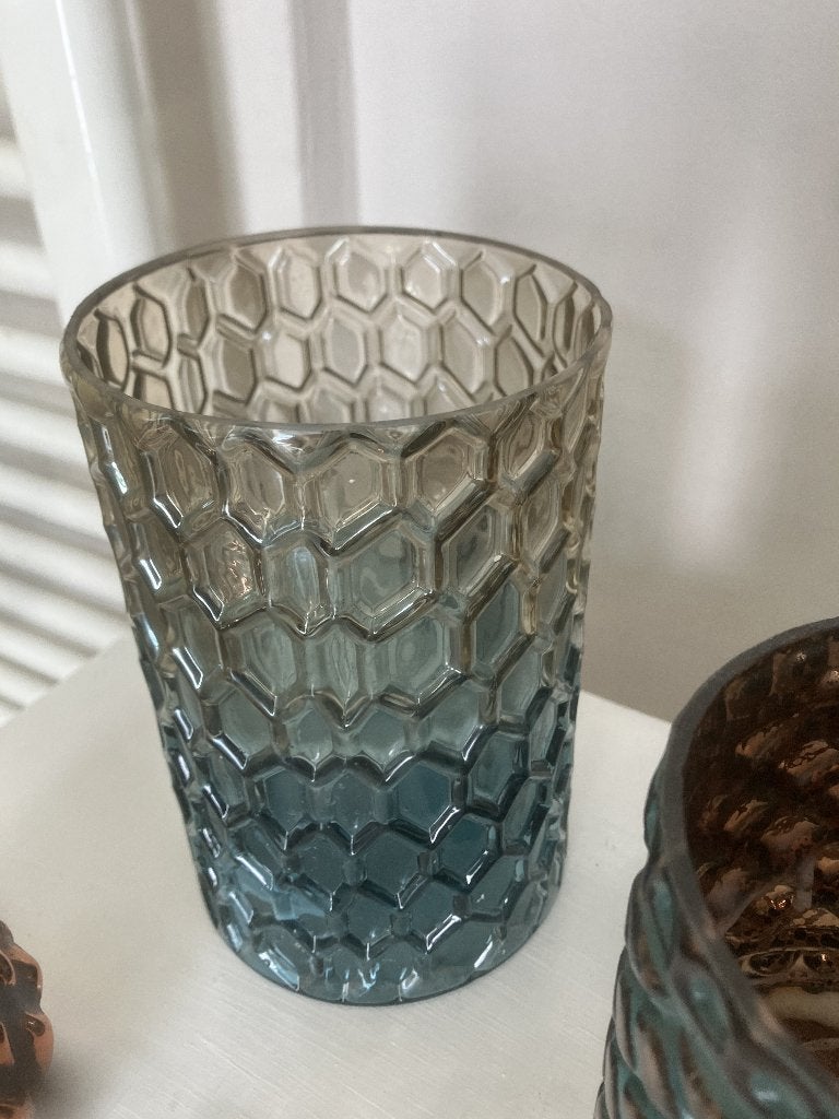 2 windlichten en een koperen glans denneappel, als een setje, Overige materialen, Gebruikt, Overige kleuren, Ophalen of Verzenden