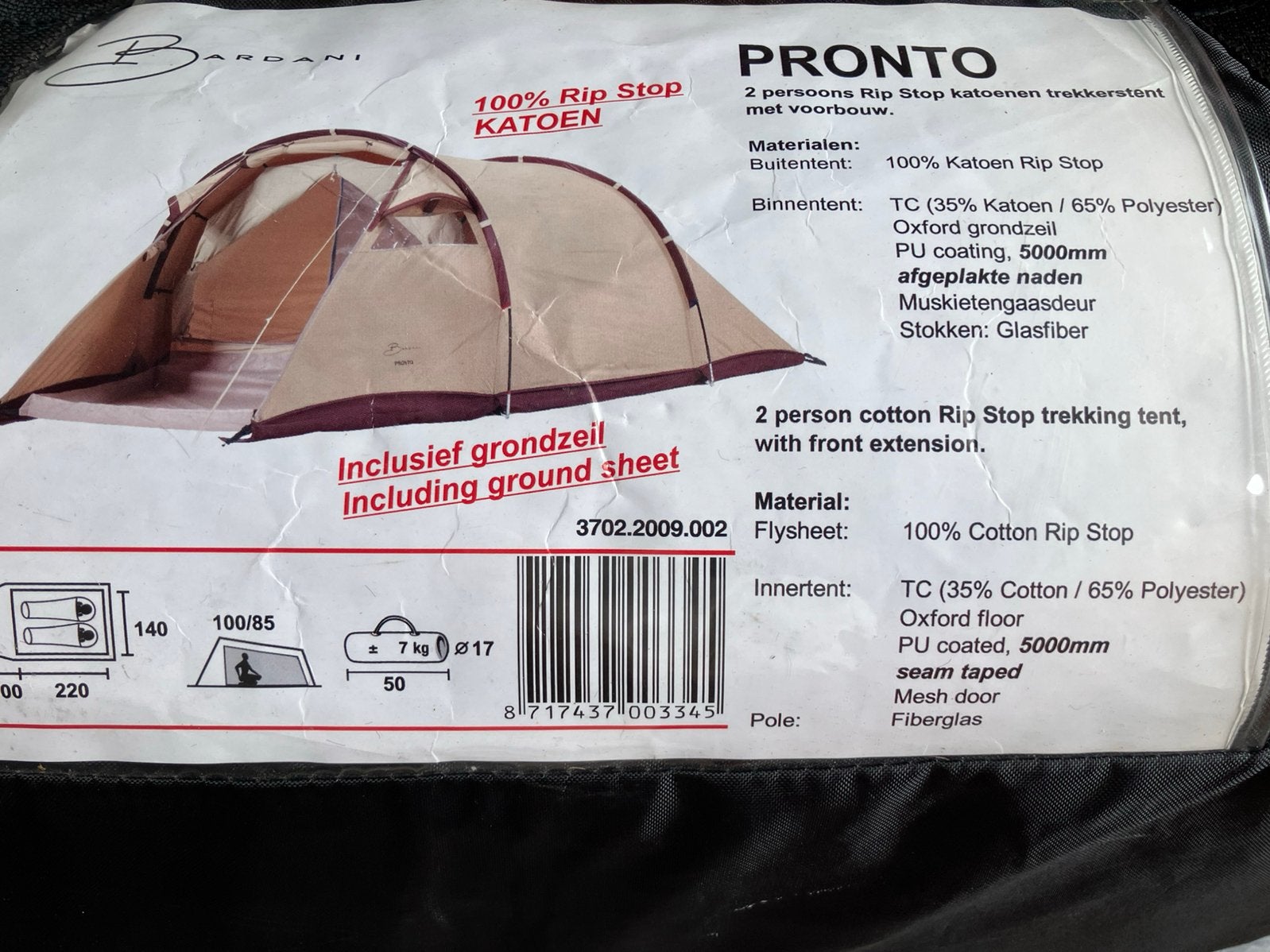 Bardani pronto 2 persoons tent, Caravans en Kamperen, Tenten, Ophalen of Verzenden, Zo goed als nieuw