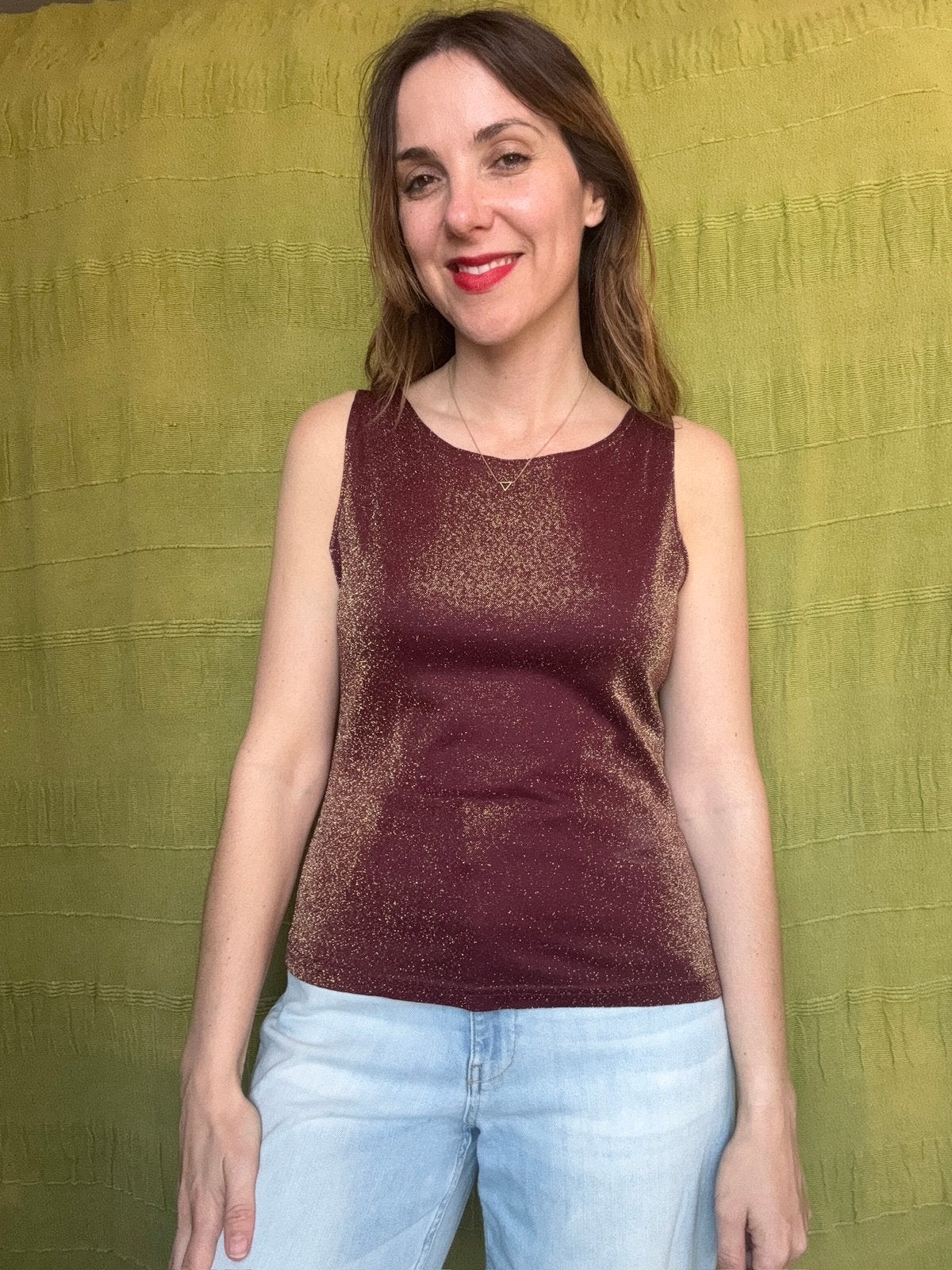 Vintage glitter top / tanktop - Bordeaux rood - 38/M, Maat 38/40 (M), Hgv, Hgv, Ophalen of Verzenden