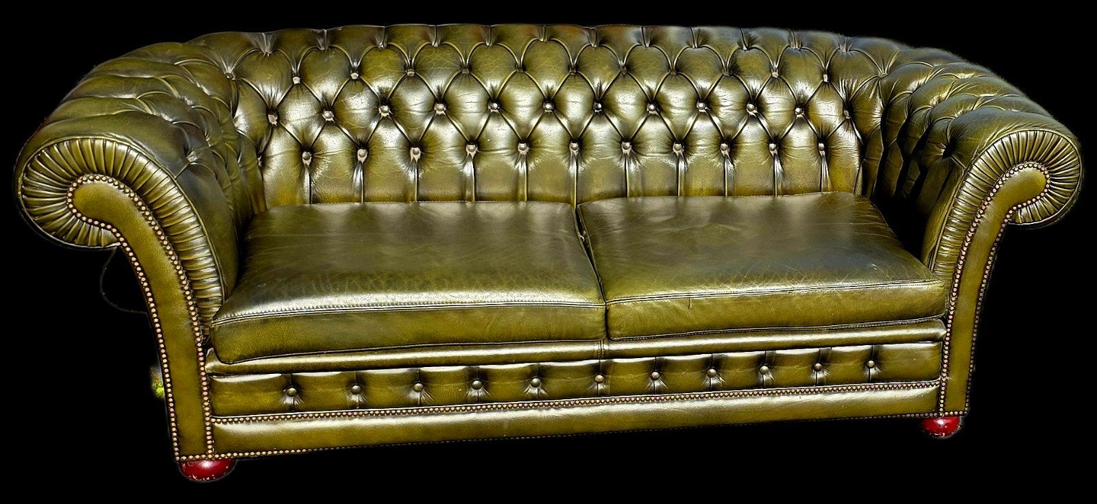 Chesterfield gedelux bank in groen leer + BEZORGING GRATIS