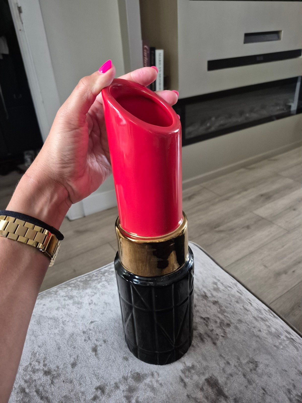 Unieke Lippenstift Vaas - Rood, Zwart & Goud, Ophalen of Verzenden, Zo goed als nieuw, Steen/keramiek, Meerkleurig