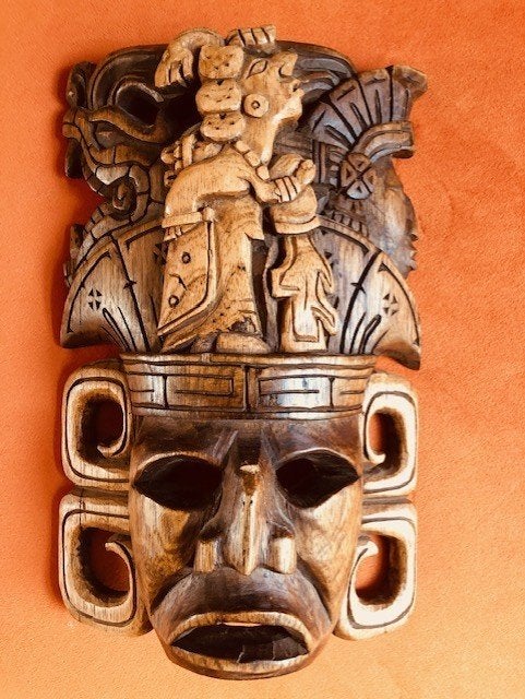 Handgesneden houten Maya-masker, Antiek en Kunst, Handgemaakt, 20 - 50 cm, Hout, Bruin