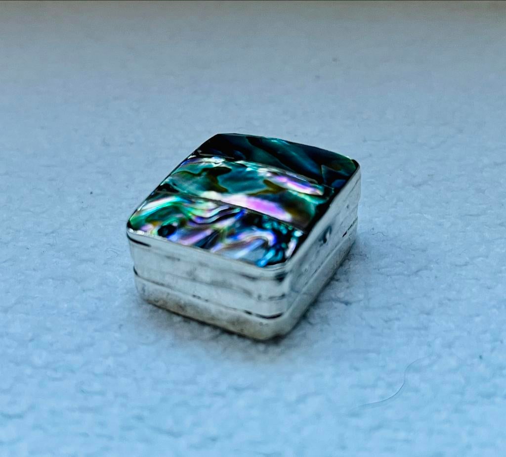 Vintage sterling zilveren pillendoosje met abalone - mexico, Ophalen of Verzenden, Zilver