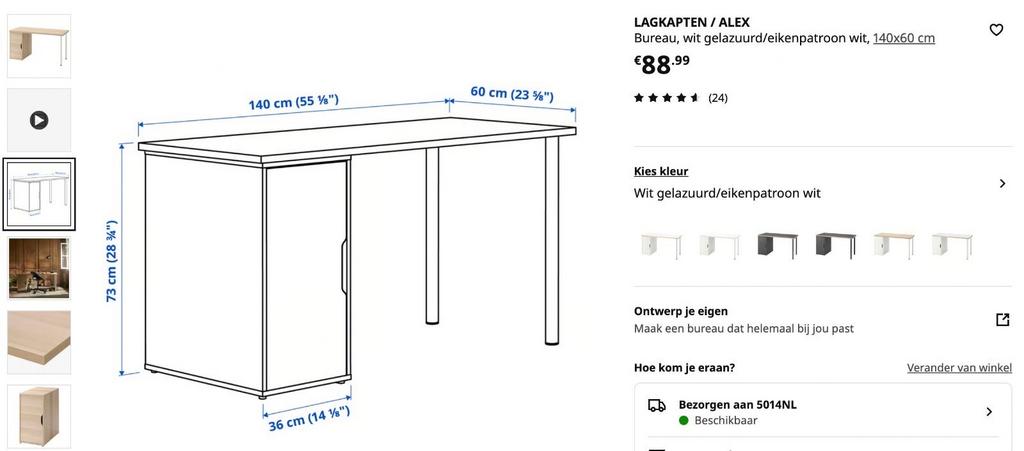 Bureau LAGKAPTEN / ALEX - Wit gelazuurd, Huis en Inrichting, Bureaus, Ophalen, In hoogte verstelbaar, Zo goed als nieuw