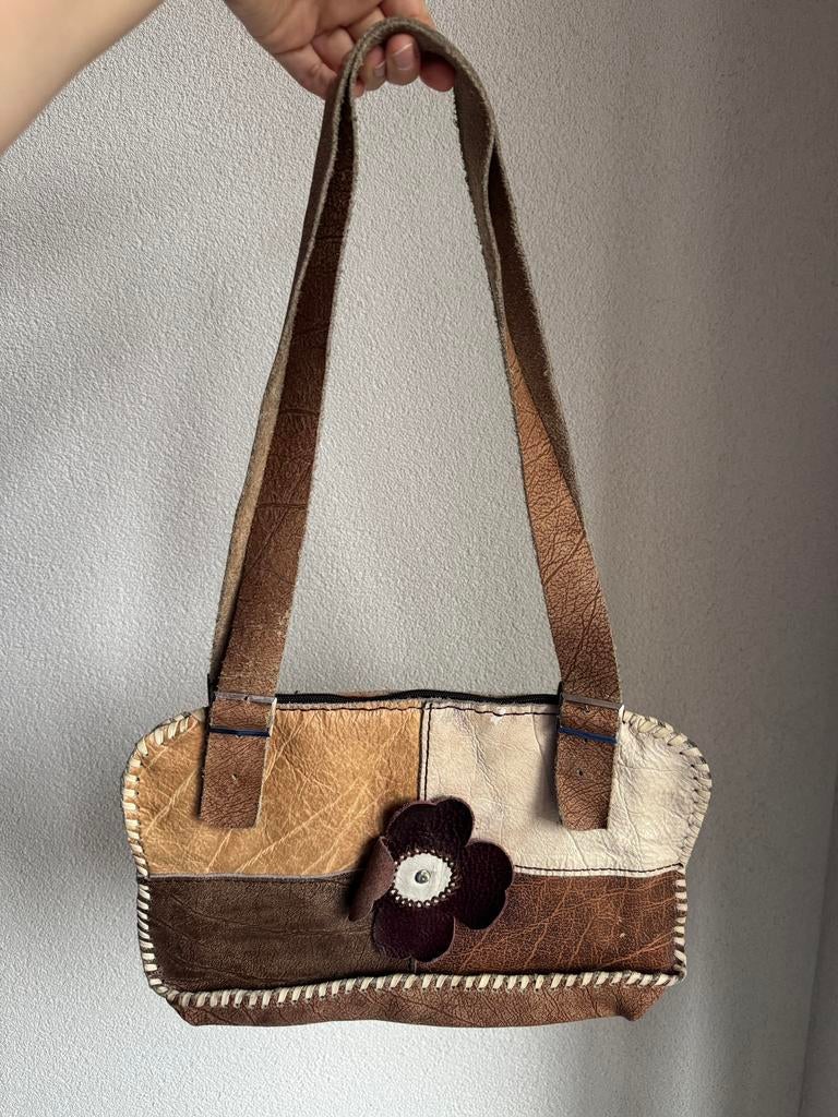 Vintage Y2K bruine leren patchwork print schouder tas, Sieraden, Tassen en Uiterlijk, Tassen | Damestassen, Vintage, Bruin, Schoudertasje