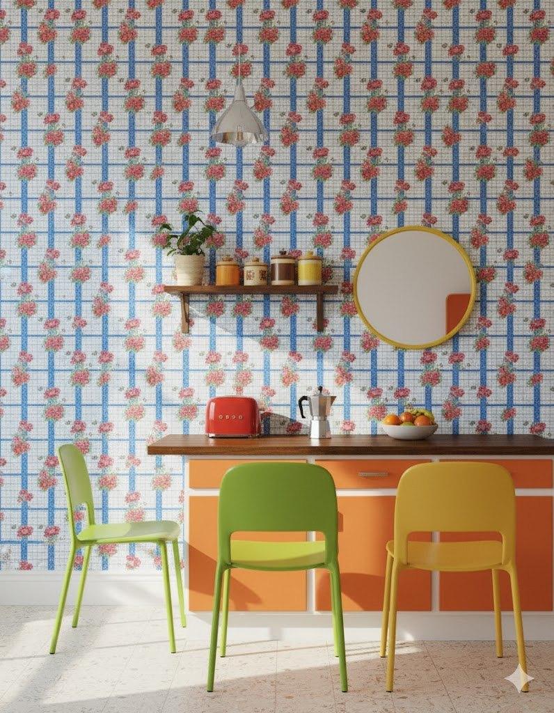 6944 Keukenruit behang blauw ruitje met roze boeketten swiet, Ophalen of Verzenden, 50 tot 75 m², Rood