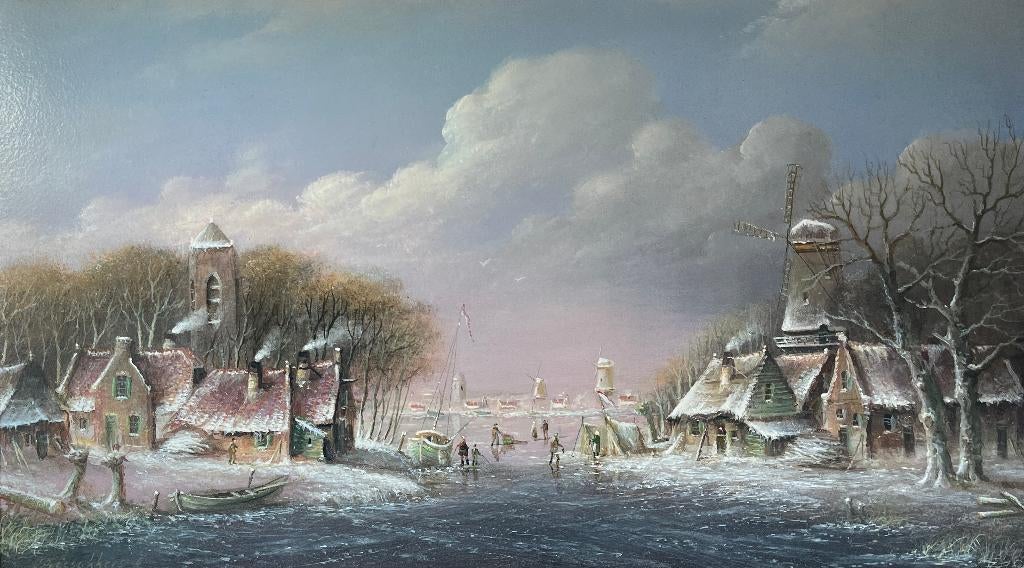 Mooi schilderij winterlandschap op paneel. Thomas Heesakkers, Antiek en Kunst, Ophalen of Verzenden