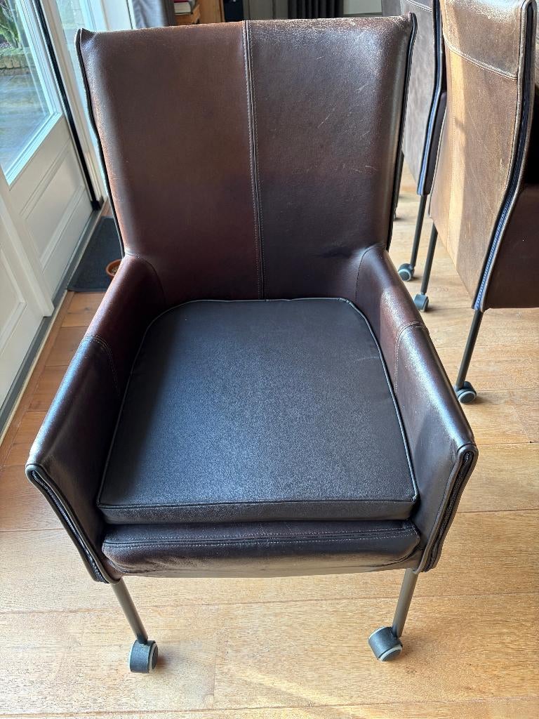 4 Lederen eetkamerstoelen, Huis en Inrichting, Stoelen, Ophalen, Gebruikt, Bruin, Leer