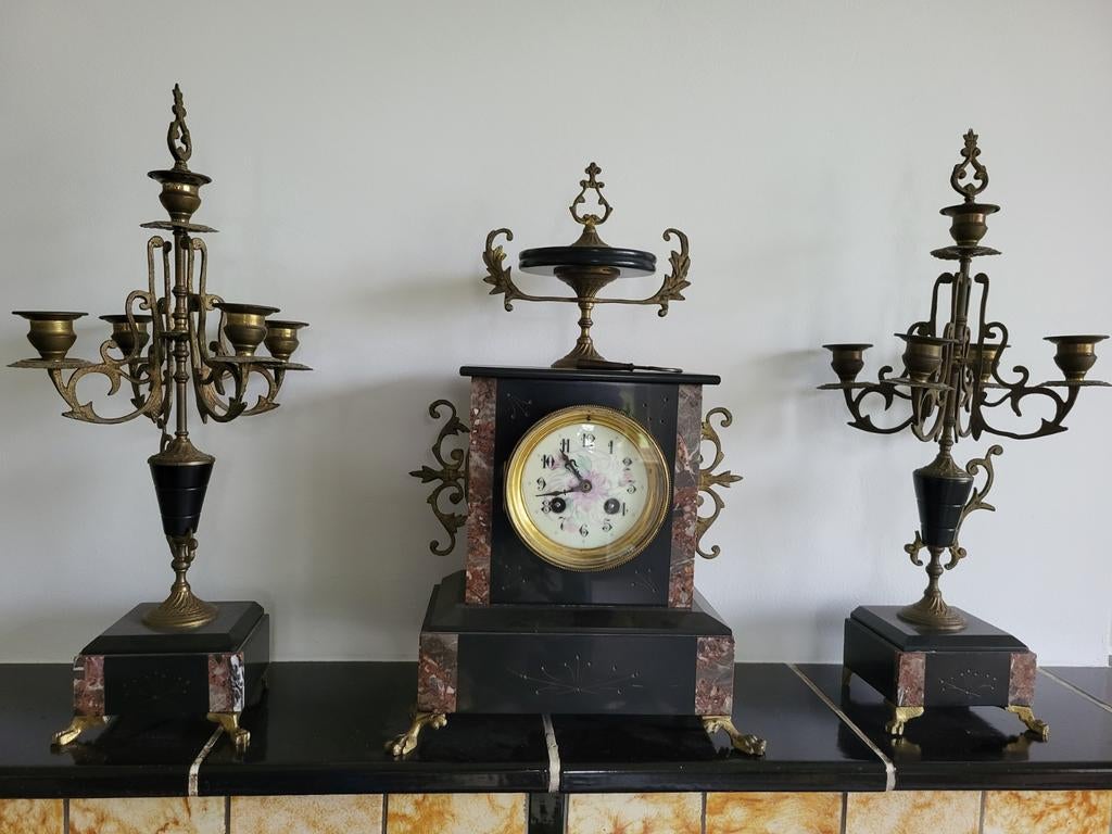 Antiek pendule set met kandelaars, Antiek en Kunst, Antiek | Klokken, Ophalen of Verzenden