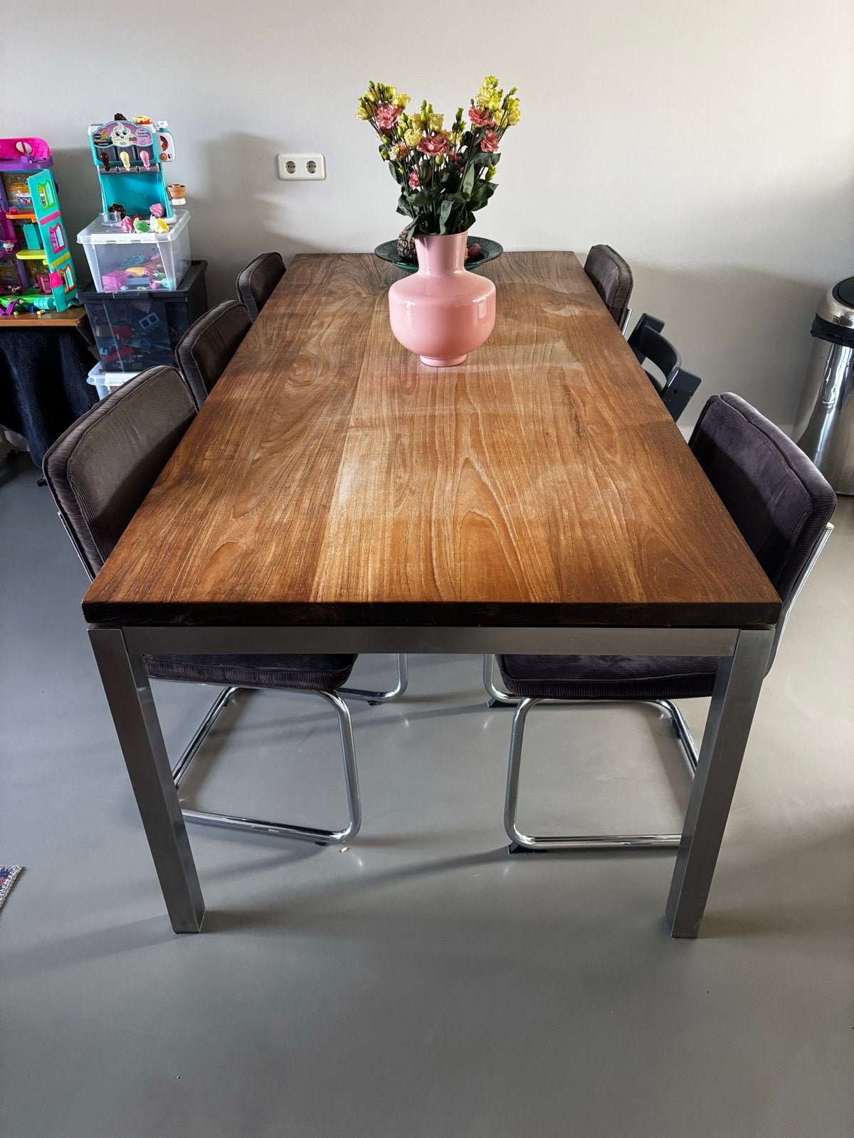 Eettafel Loods 5 - massief hout & RVS onderstel, Ophalen, Gebruikt, 100 tot 150 cm, Eikenhout