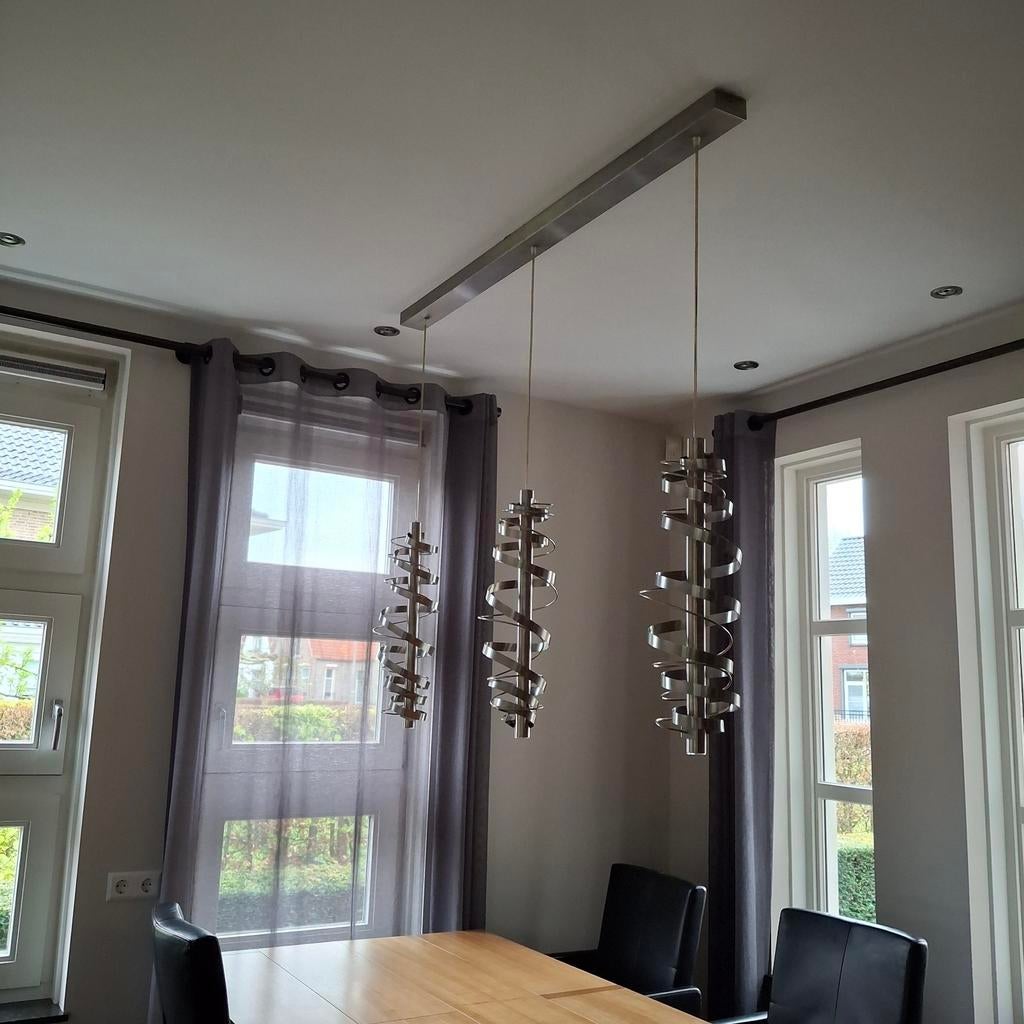 Moderne RVS Hanglamp met LED Verlichting - 3 Spiraalvormige, Gebruikt, Ophalen of Verzenden, Modern, Design, Industrieel, Metaal