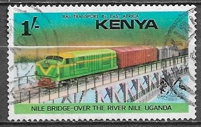 KENIA 1'-. zegel Goederentrein op Nijlbrug in Oeganda 1976, Verzenden, Gestempeld, Treinen
