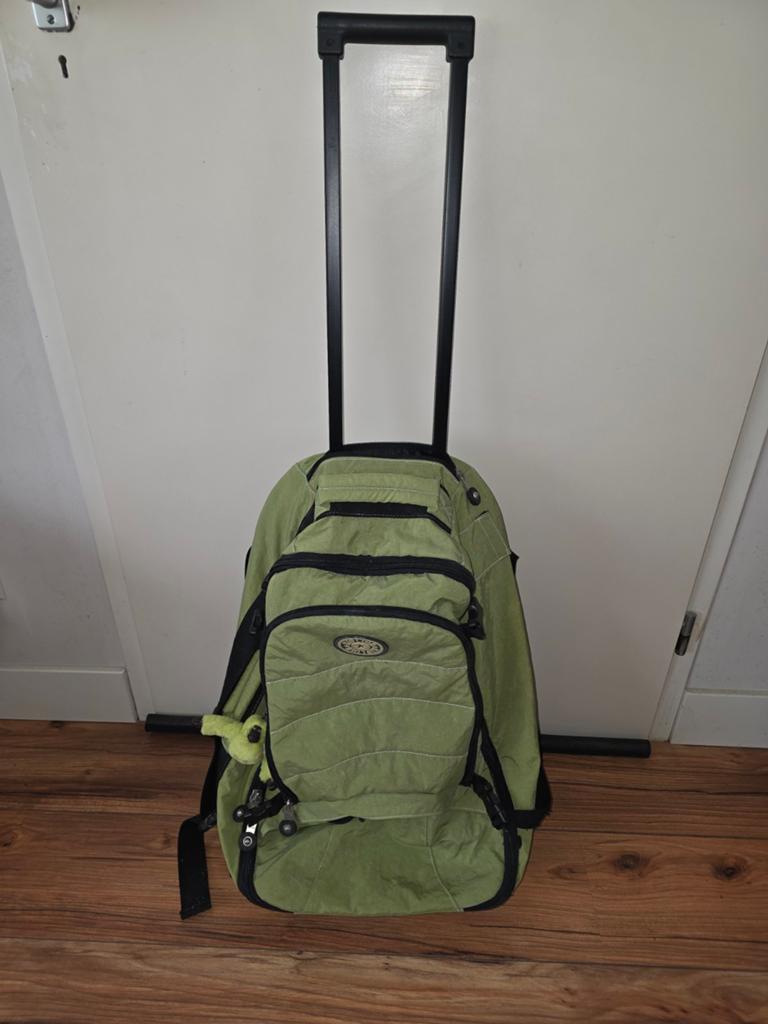 Kipling rugtas/koffer trolley - Groen met originele aapje, 45 tot 60 cm, Gebruikt, Kipling, 25 tot 40 cm