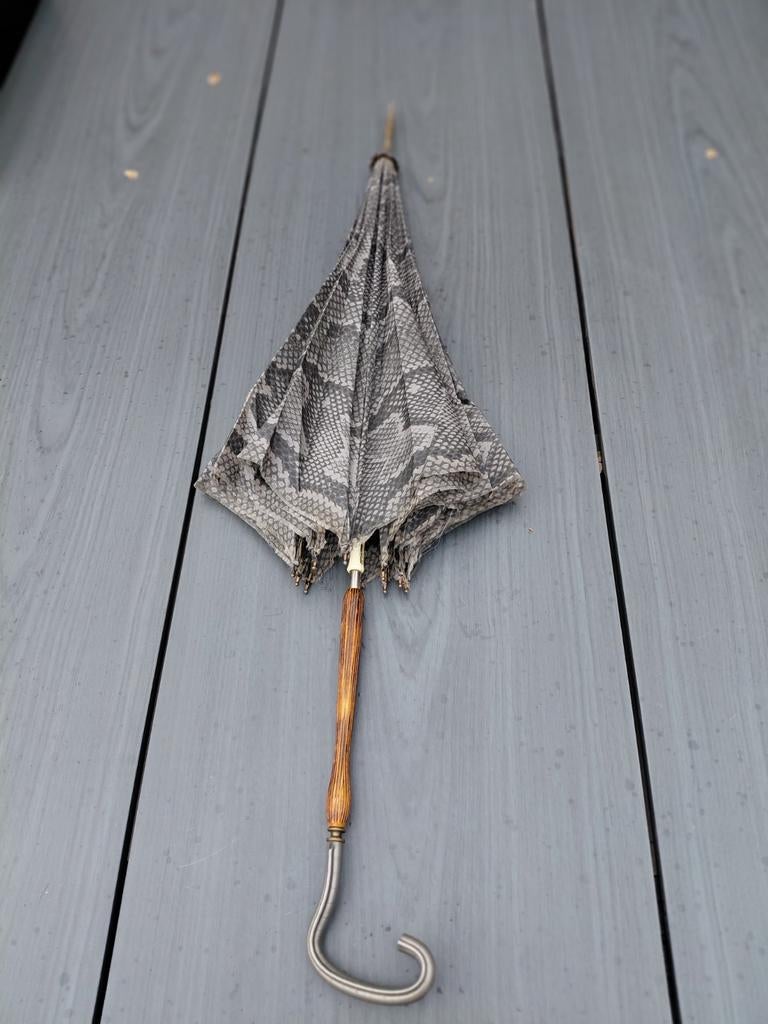 Antieke paraplu/wandelstok met slangenprint, Ophalen, Gebruikt, Grijs