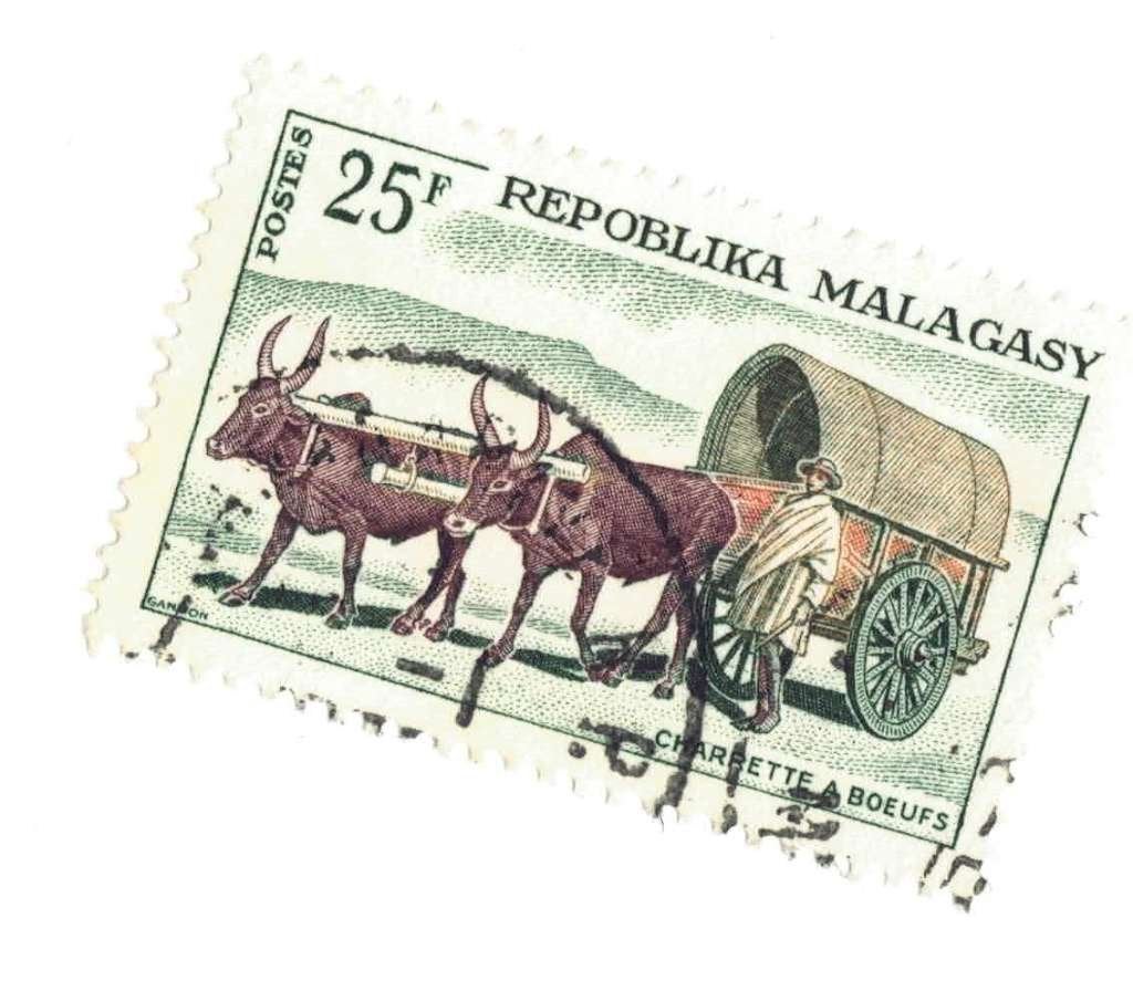 Fauna - Dieren - Os met kar - Malagasy - 25 F - gebr, Ophalen of Verzenden, Gestempeld, Dier of Natuur
