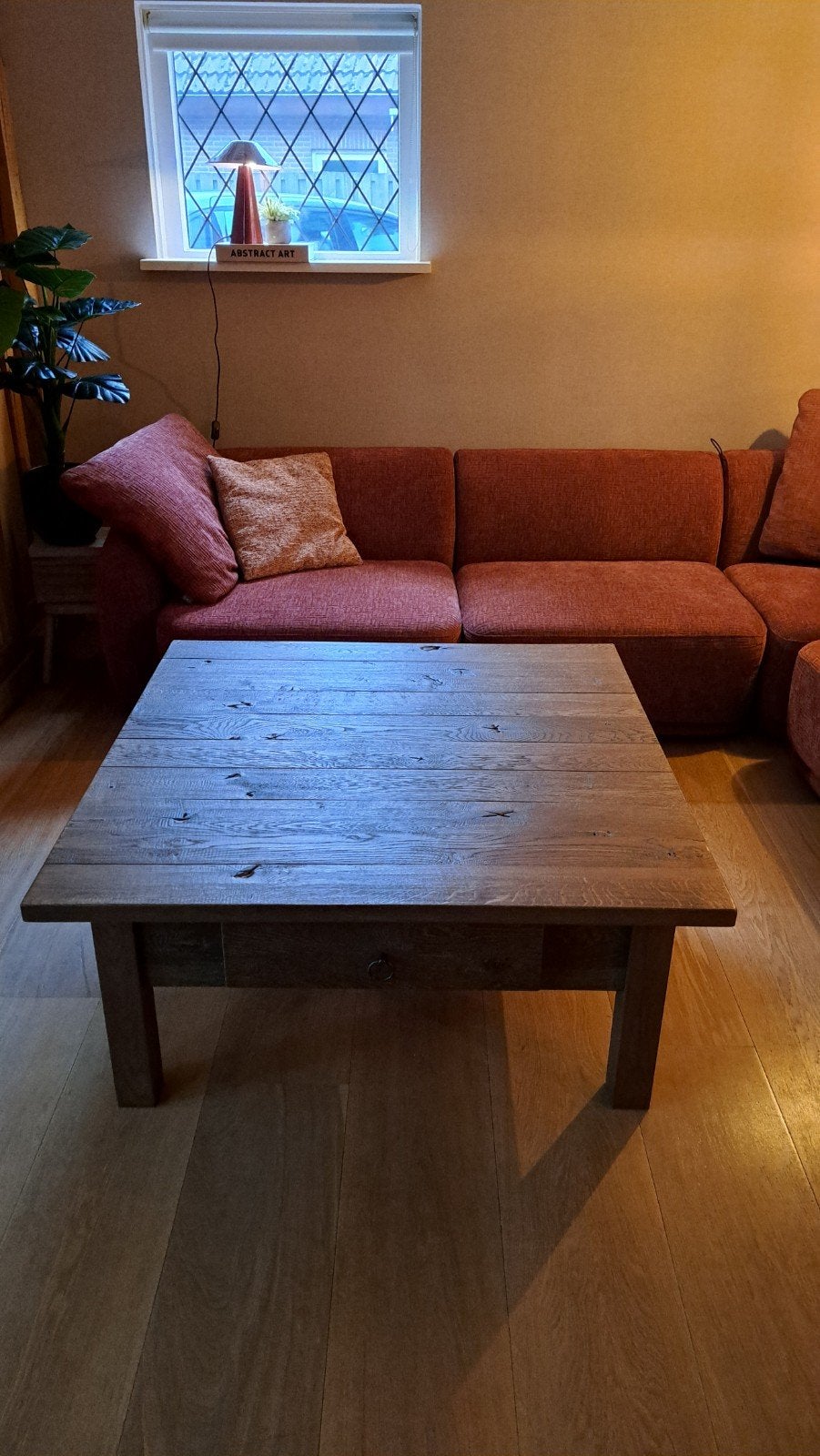 mooie landelijke salontafel. 110cm x 110cm, Huis en Inrichting, Tafels | Salontafels, Ophalen, Gebruikt, 100 tot 150 cm, 100 tot 150 cm